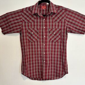 Vintage Plains Western Wear Shirt Mens Small Red Blue Plaid Pearl Snap Cowboy